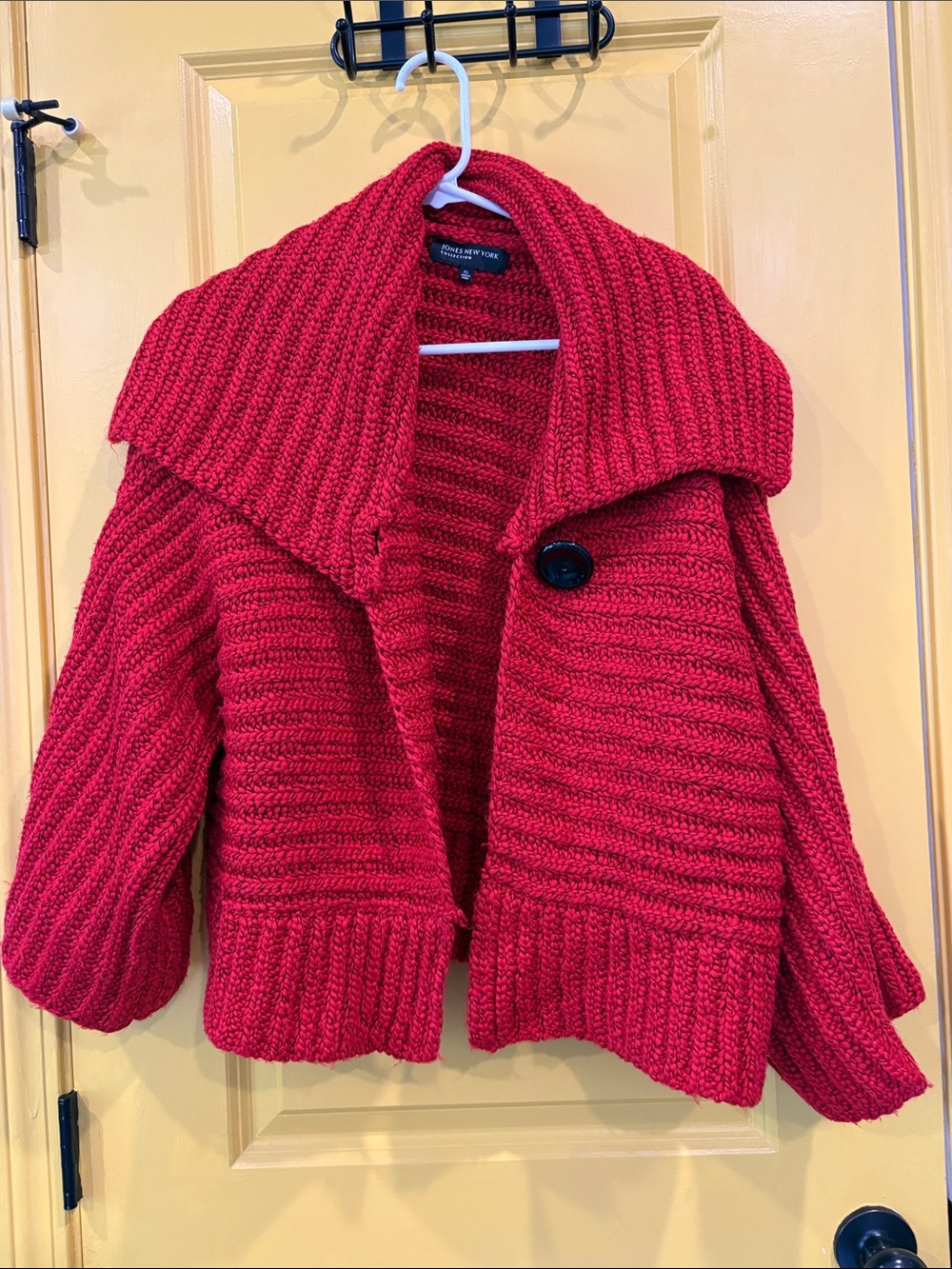 Jones New York Bright Red Ribbed Shawl-Collar Cardigan